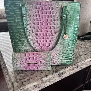 Brahmin Pink and Green Shoulder Bag with Textured Design